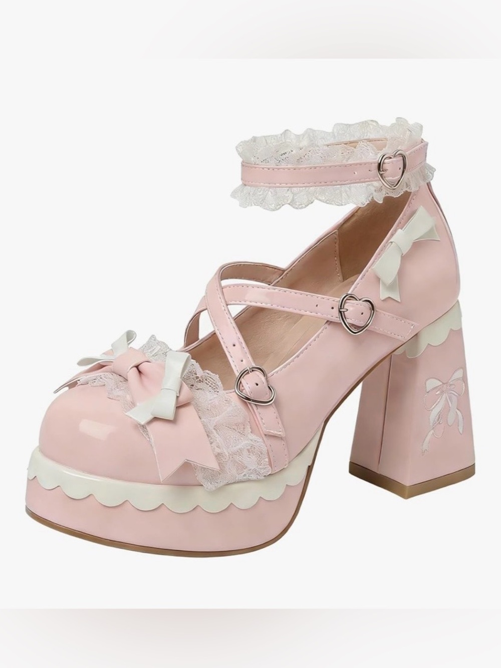 Lolita Platform Mary Jane Pink White Lace Bow Chunky Heel Kawaii  Shoes EU 39